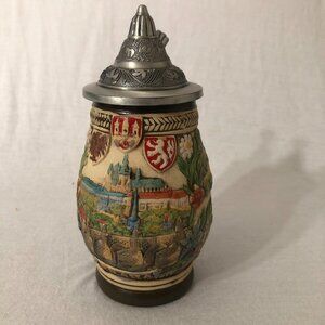 Vintage German Beer Stein with Pewter Lid – Western Germany – Raised Relief Tave